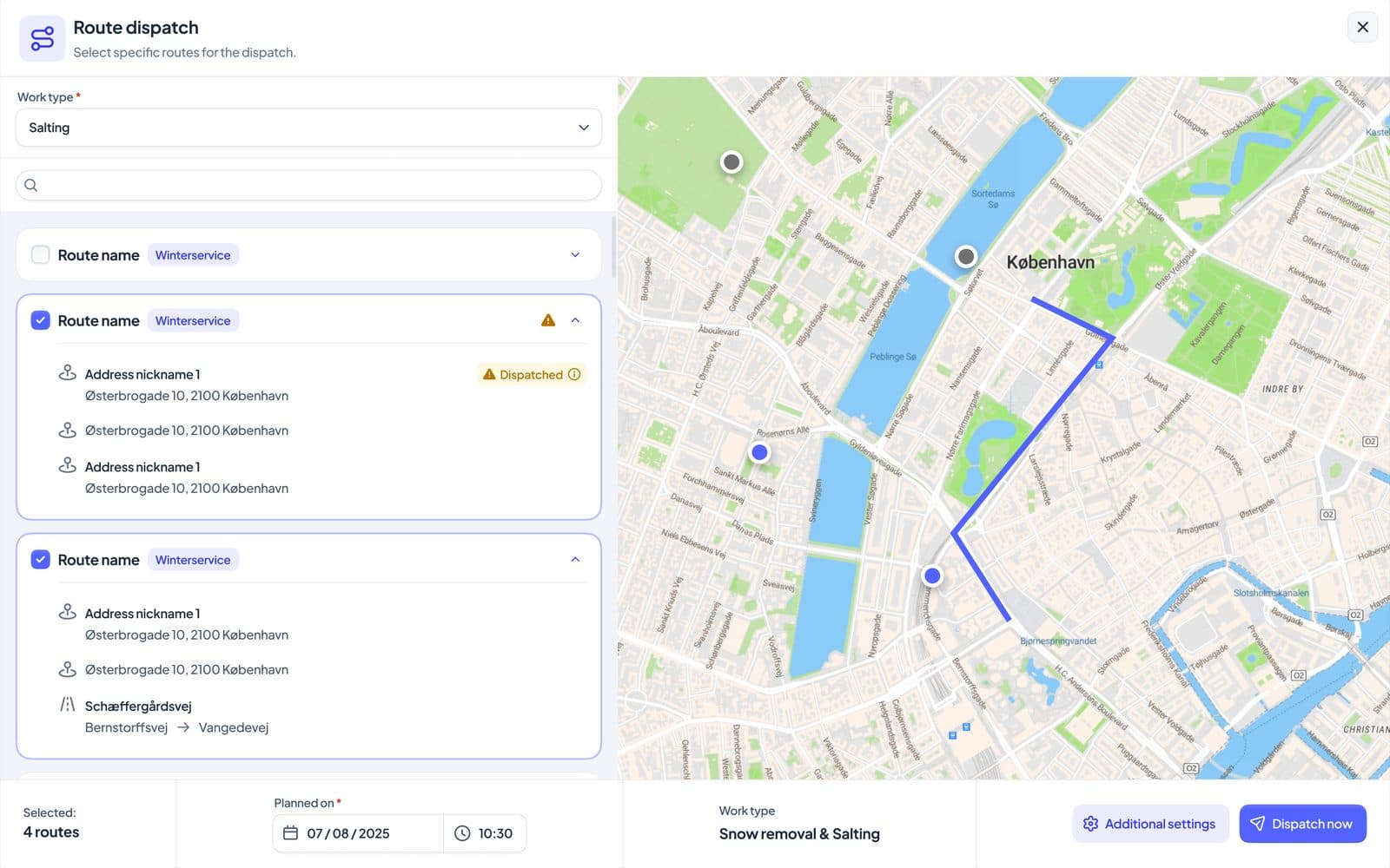 Ruteudkald i SnowManager med stop og rute på kortet