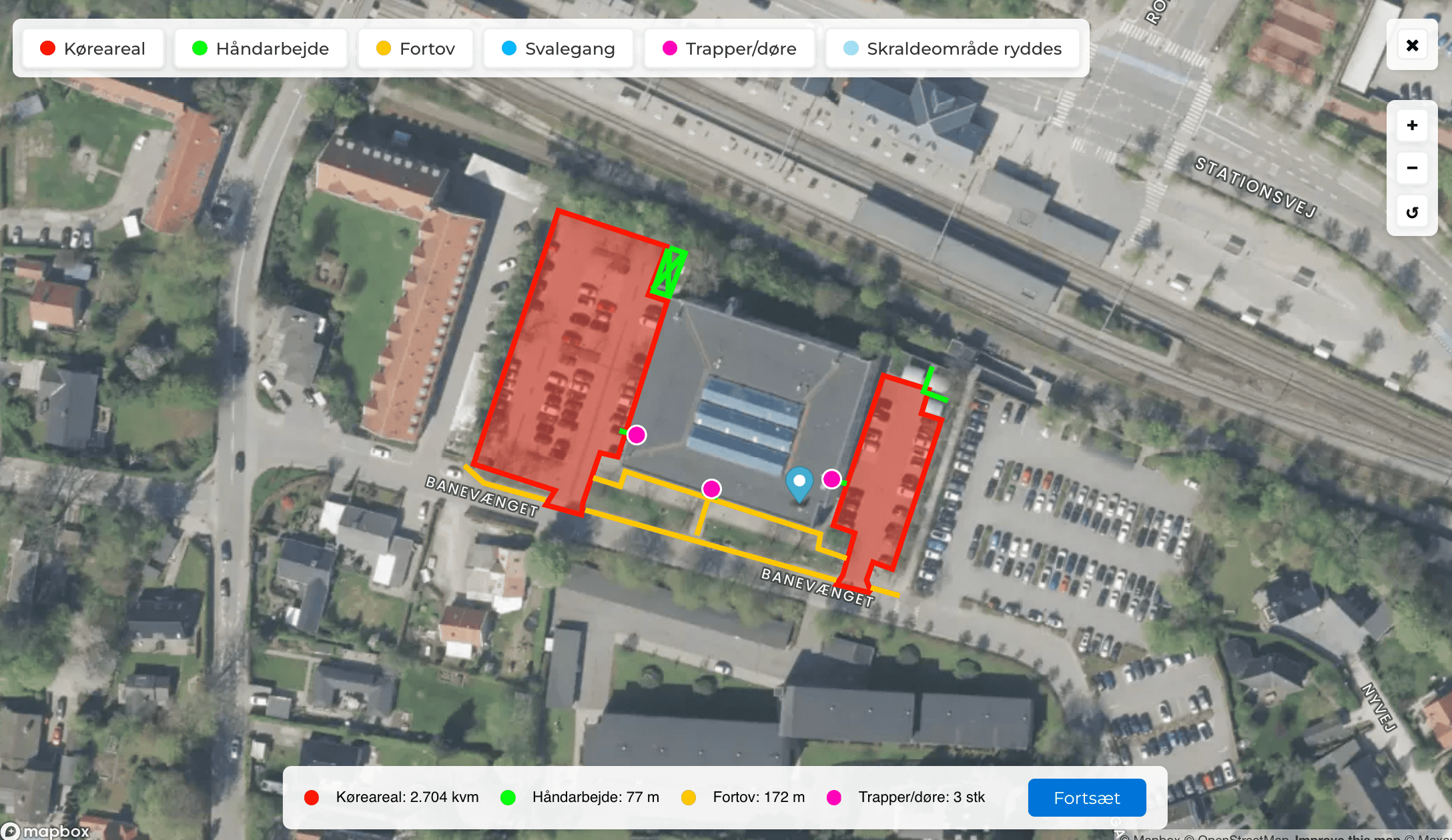 Serviceområder tegnet på et satellitkort i SnowManager