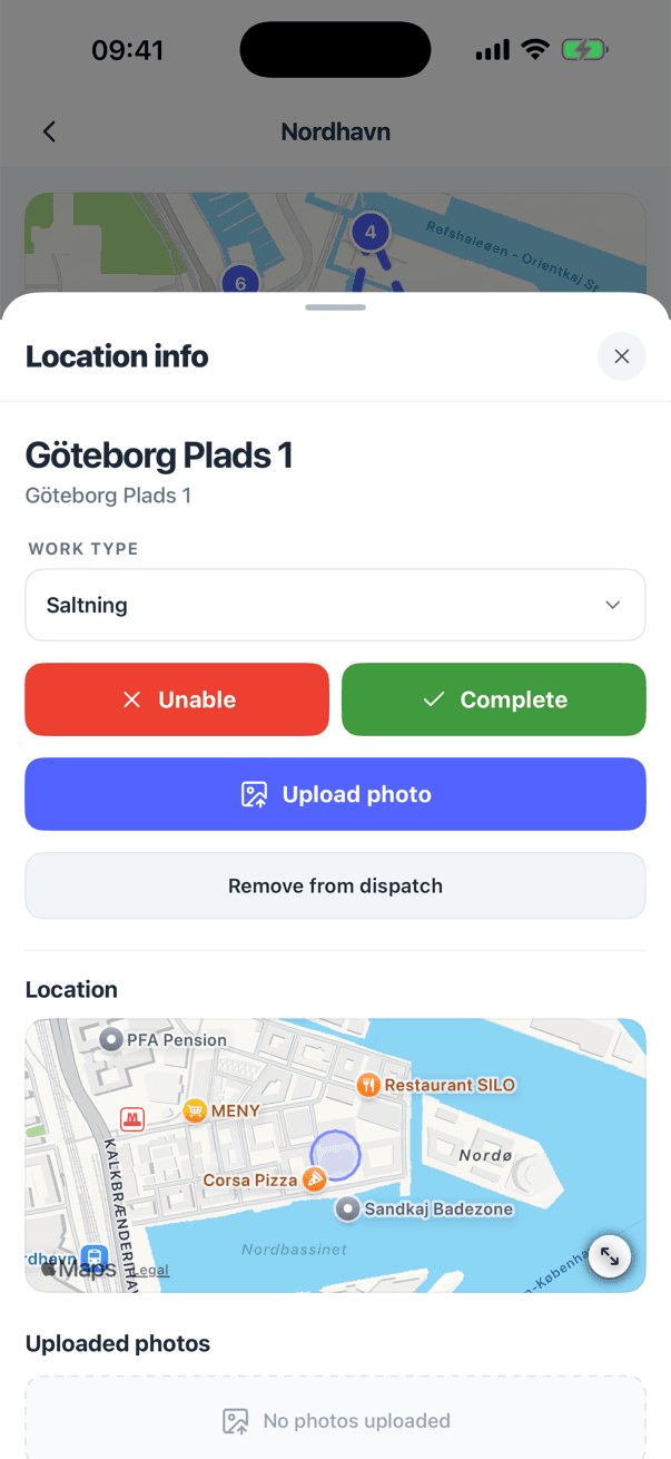 Et stop i SnowManager-appen med Kan ikke udføres, Udført og Upload billede