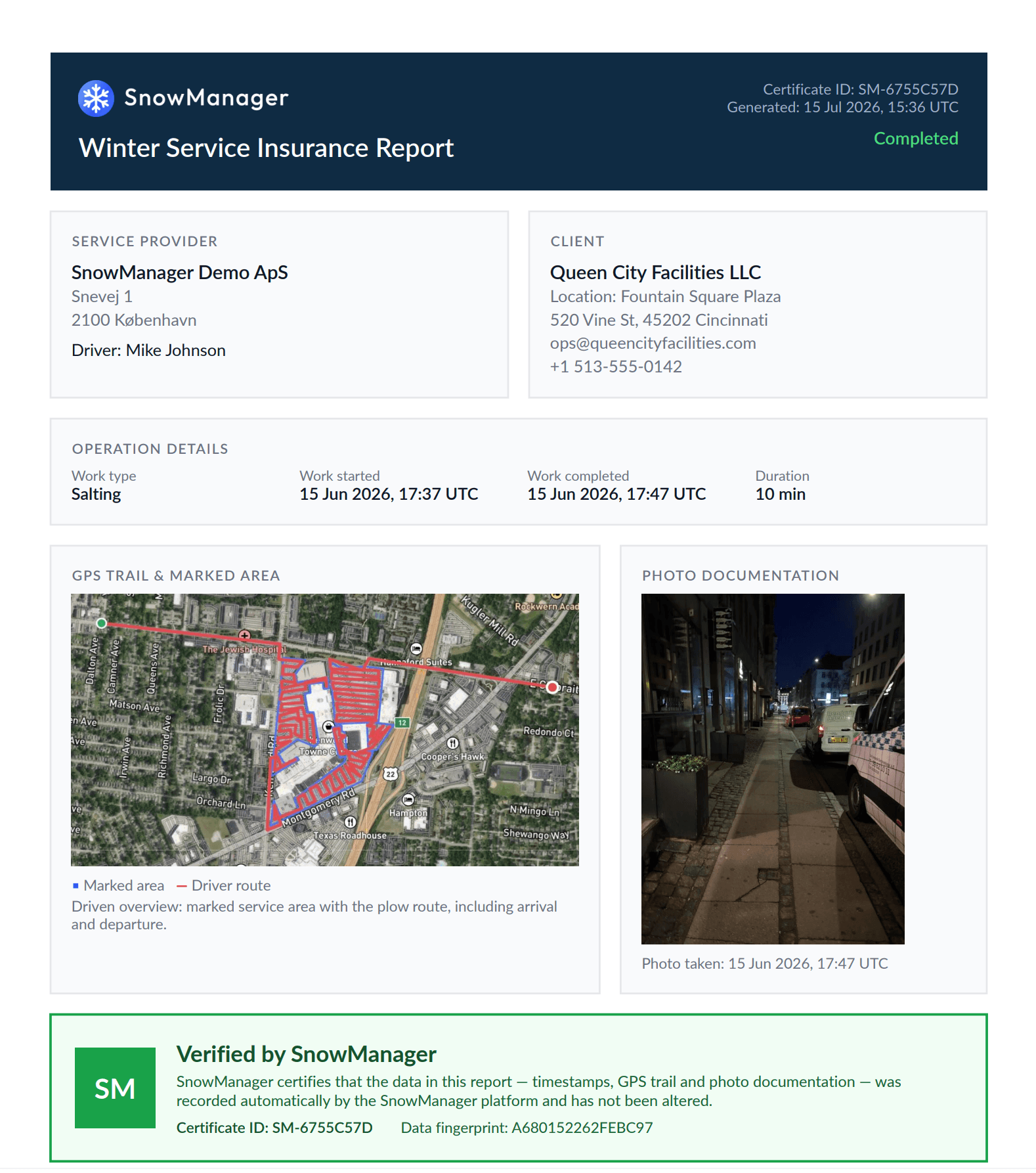En rigtig forsikringsrapport fra SnowManager som PDF med GPS-spor, markeret område og billede