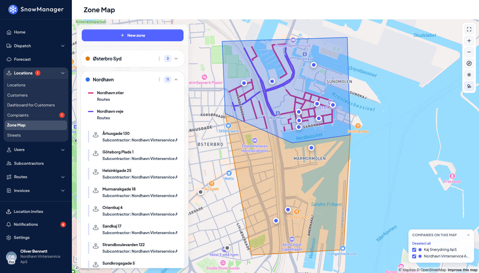 Zonekortet i SnowManager med en åben zone, dens ruter og adresser